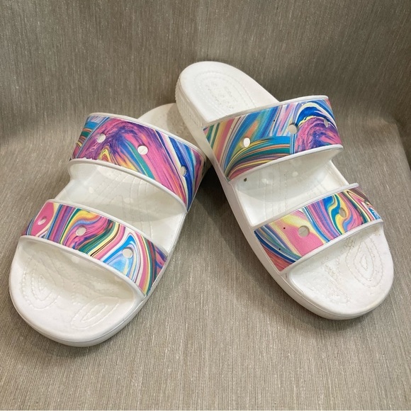 CROCS Sz 9 Out of this World Cloud Swirl  Watercolour Slides Slip On Sandals - Picture 1 of 11